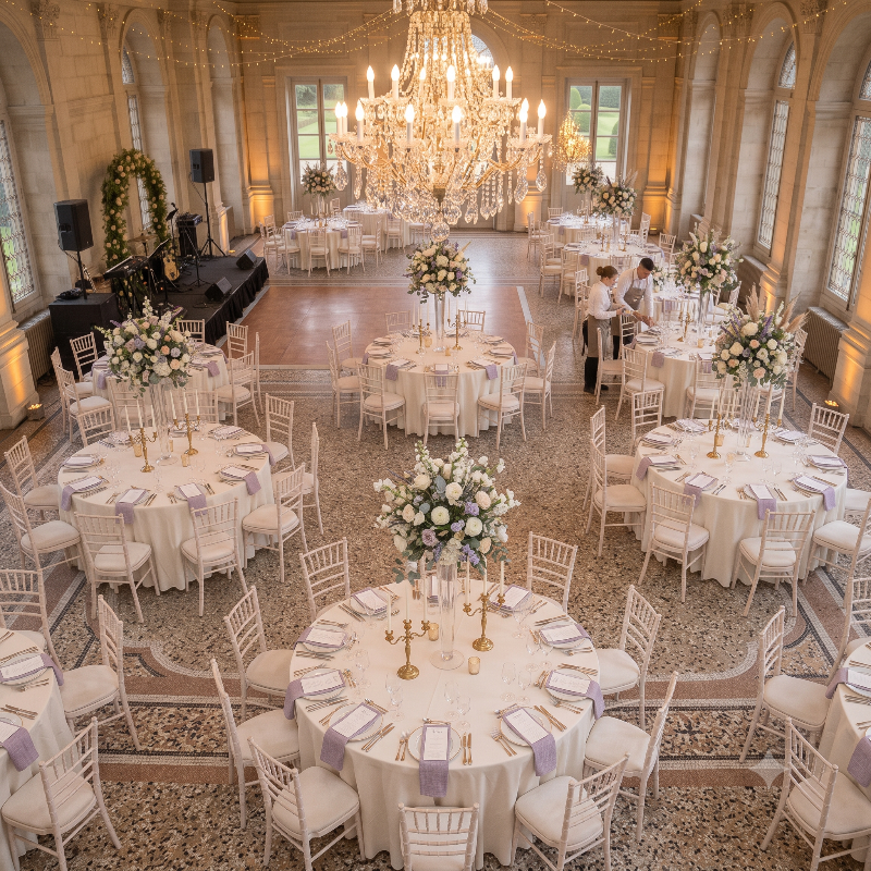 Table ronde de 150 cm installée pour un mariage à Chartres