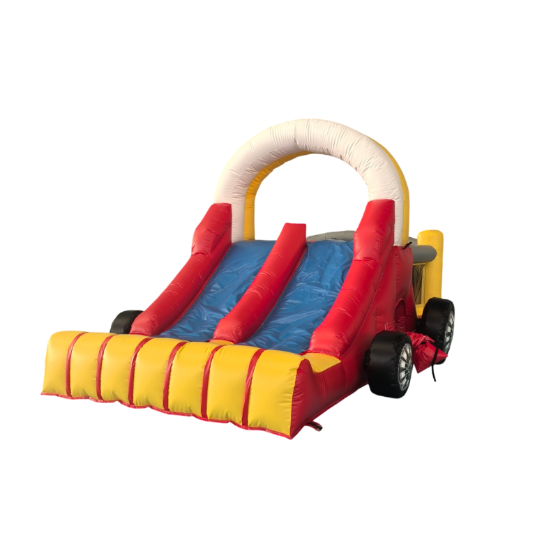 Château gonflable Happy Car avec double toboggan rouge et jaune – location Eure-et-Loir (28)