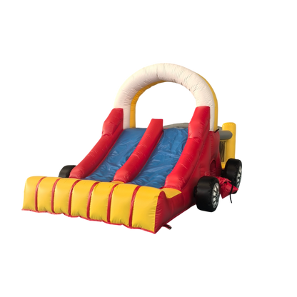 Château gonflable Happy Car avec double toboggan rouge et jaune – location Eure-et-Loir (28)