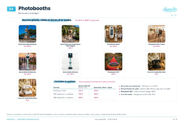 Page catalogue location de photobooths et formules d'impression