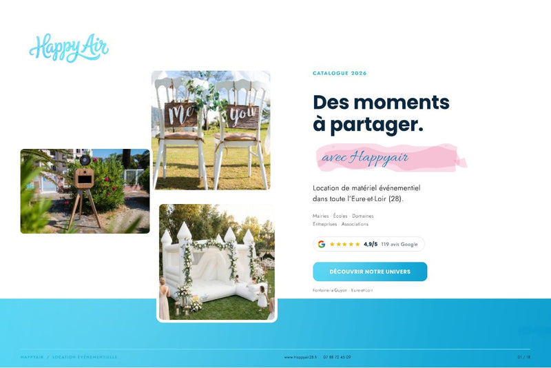 Couverture du catalogue 2026 Happy Air, location de matériel événementiel à Chartres