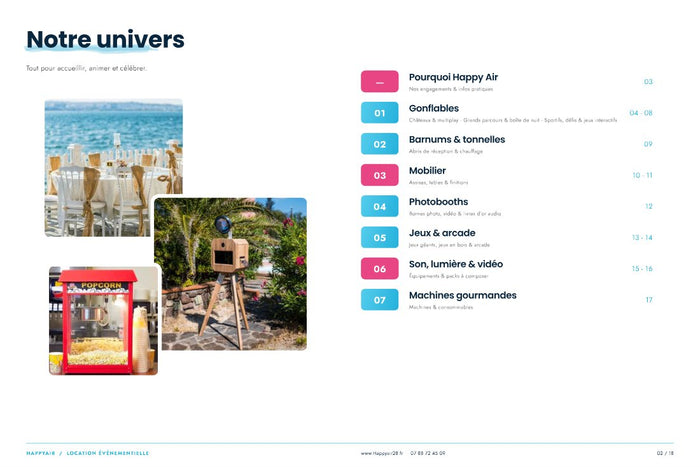 Sommaire du catalogue Happy Air : gonflables, barnums, mobilier, photobooths, jeux, sono, machines gourmandes