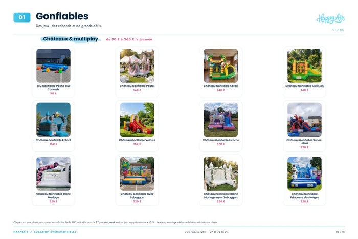 Page catalogue location de châteaux gonflables et multiplay avec prix